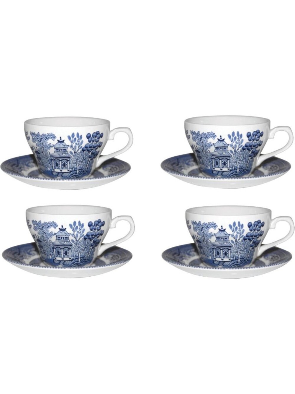 Elegant Blue Willow Teacup & Saucer Set - 4 Cups & 4 Saucers, Made in England